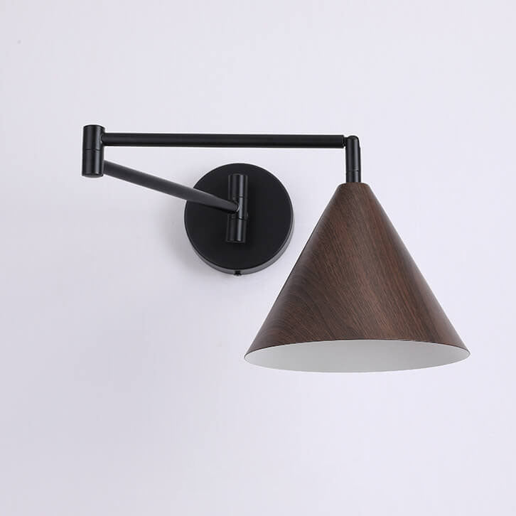 Nordic Minimalist Cone Swing Arm Wall Sconce Lamp - Wood Grain Iron Finish, 1-Light