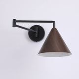 Nordic Minimalist Cone Swing Arm Wall Sconce Lamp - Wood Grain Iron Finish, 1-Light
