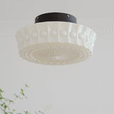 French Vintage White Jade Glass Striped Round Drum LED Semi-Flush Ceiling Light