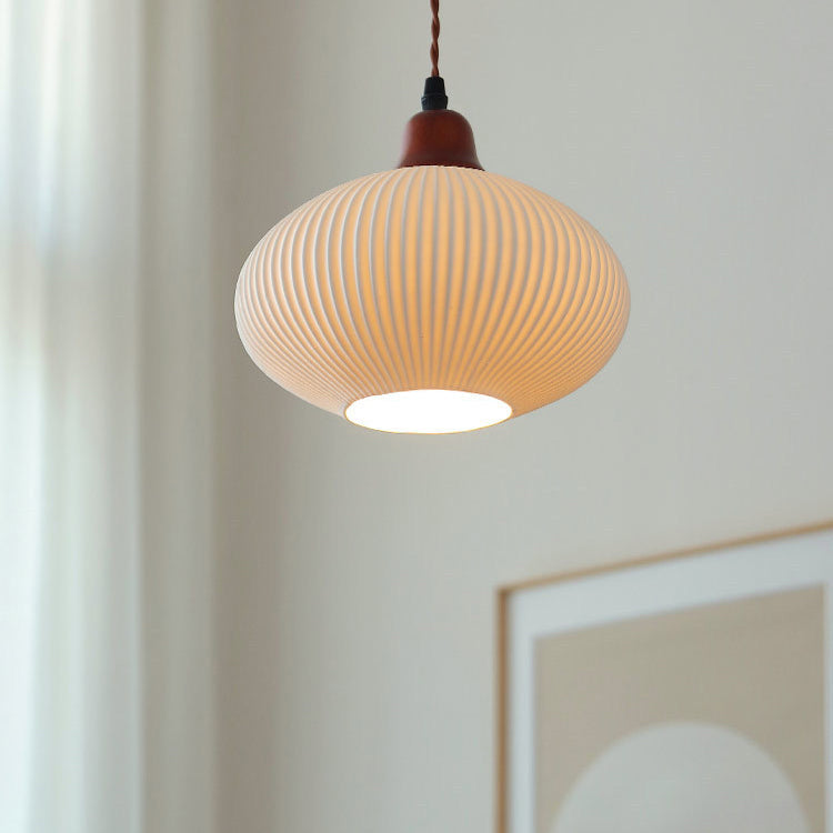 Elegant Japanese Vintage Pleated Ceramic Round Dome Wood 1-Light Pendant Lamp