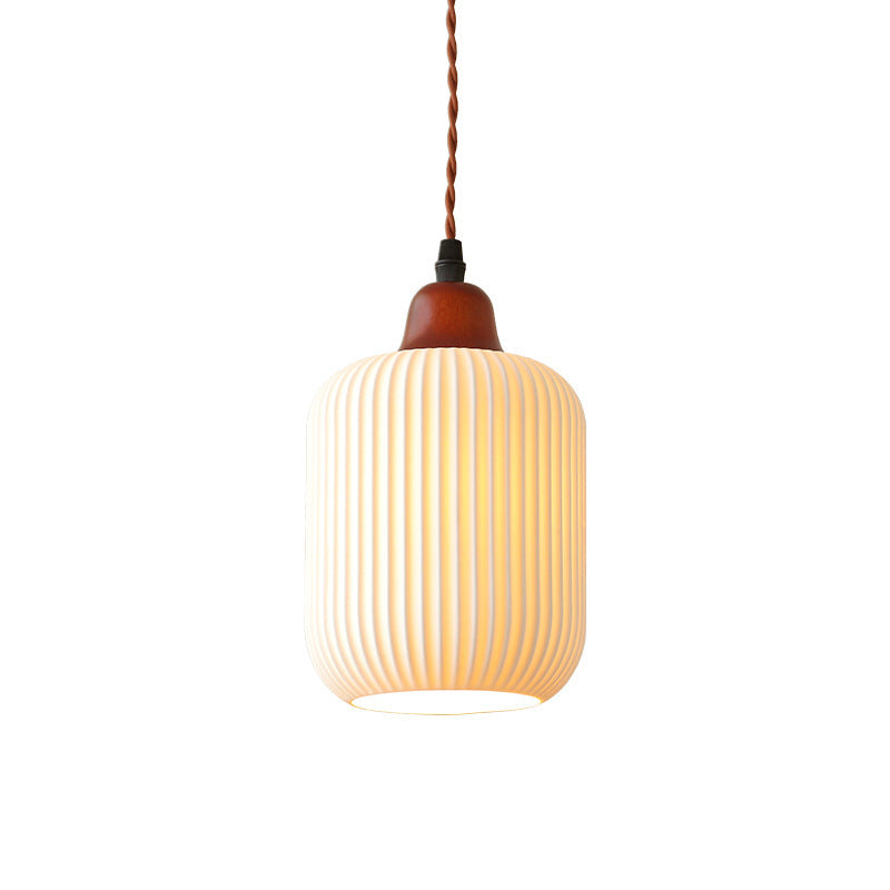 Elegant Japanese Vintage Pleated Ceramic Round Dome Wood 1-Light Pendant Lamp