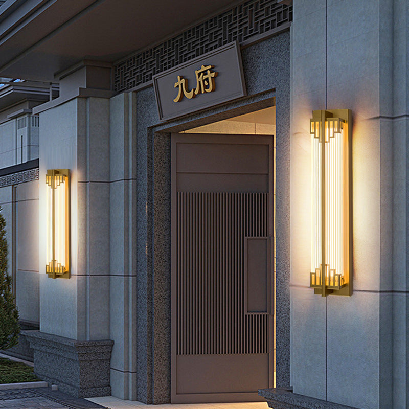 Traditional Chinese-Style Waterproof LED Outdoor Wall Sconce Lamp – Rectangular Stainless Steel Glass for Patio