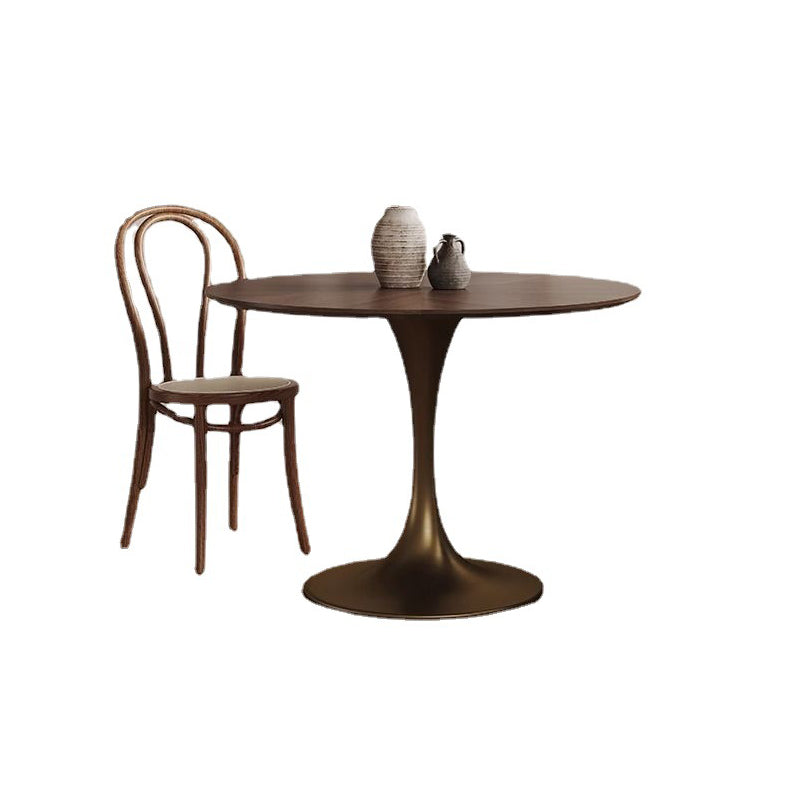 Chic Contemporary Retro Round Walnut & Copper Rattan Dining Table with 2 Chairs