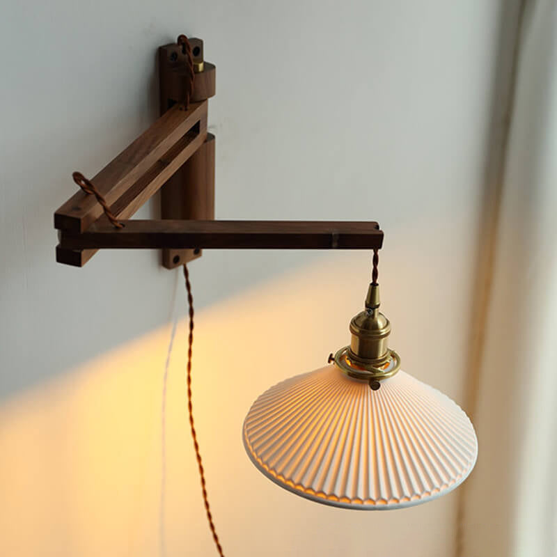 Nordic Milk-White Striped Glass and Walnut 1-Light Wall Sconce with Retractable Arm