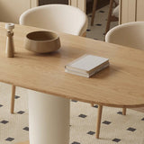 Traditional Japanese Elliptical Ash Wood Dining Table & Faux Leather Chair Set - Oak Finish, Seats 4-6