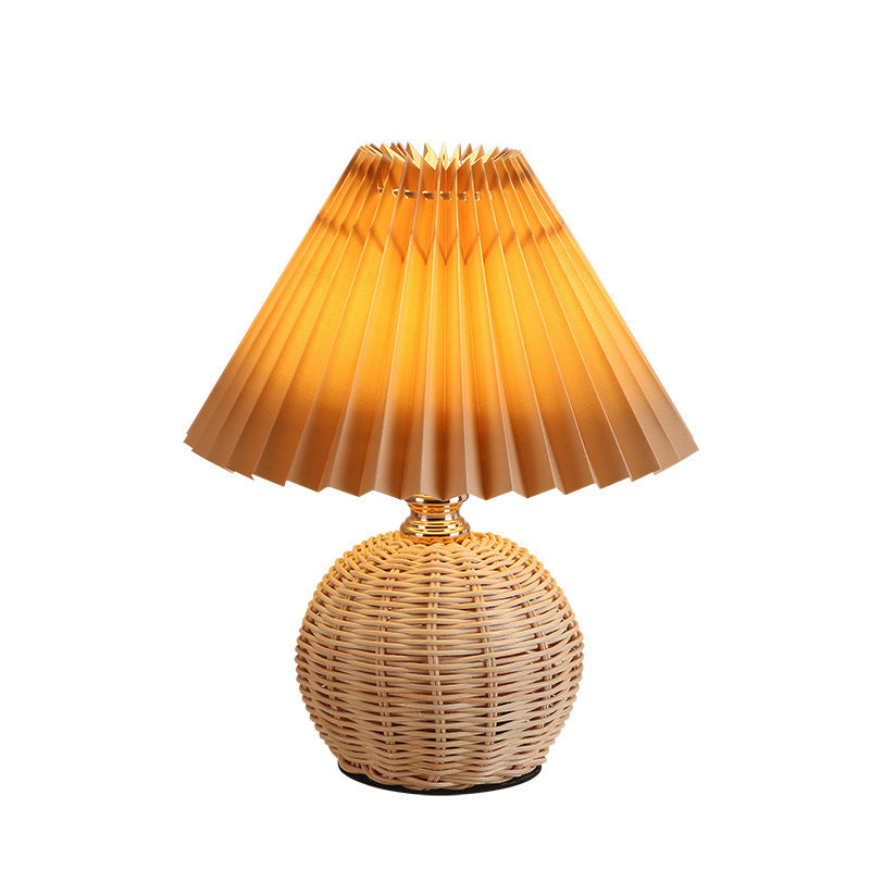 Chic Nordic Rattan Fabric Pleated Conic Ball LED Table Lamp for Bedroom - Modern Ambient Lighting