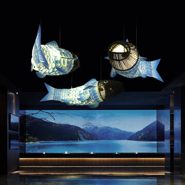 Traditional Chinese Koi Fish Iron Chandelier with PVC Fabric Shade – 2- or 4-Light Dining Room Pendant