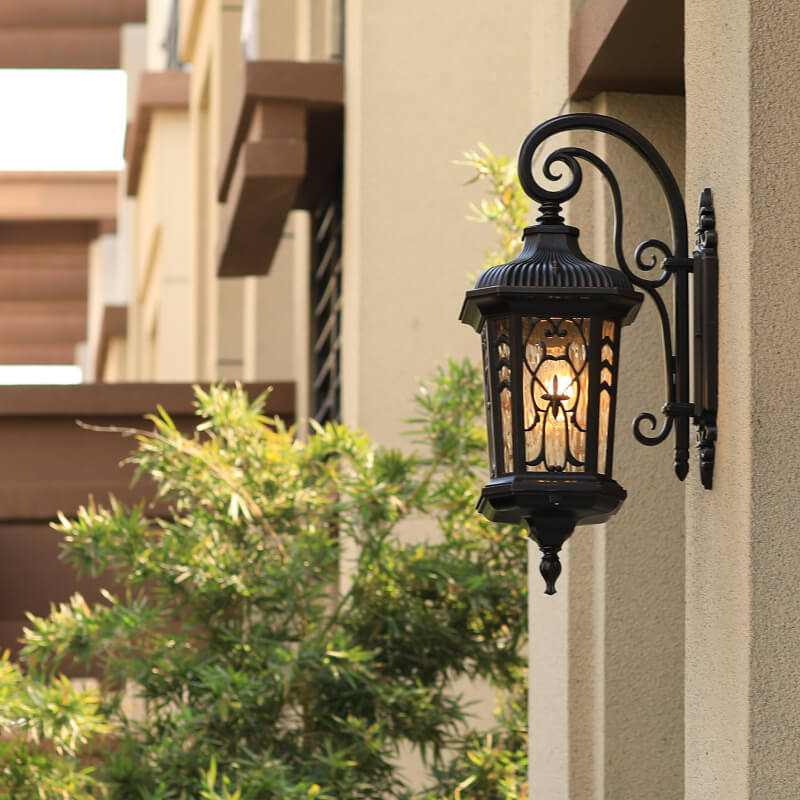 European Outdoor Wall Sconce Lamp – Carved Cage, Aluminum & Glass, 1-Light