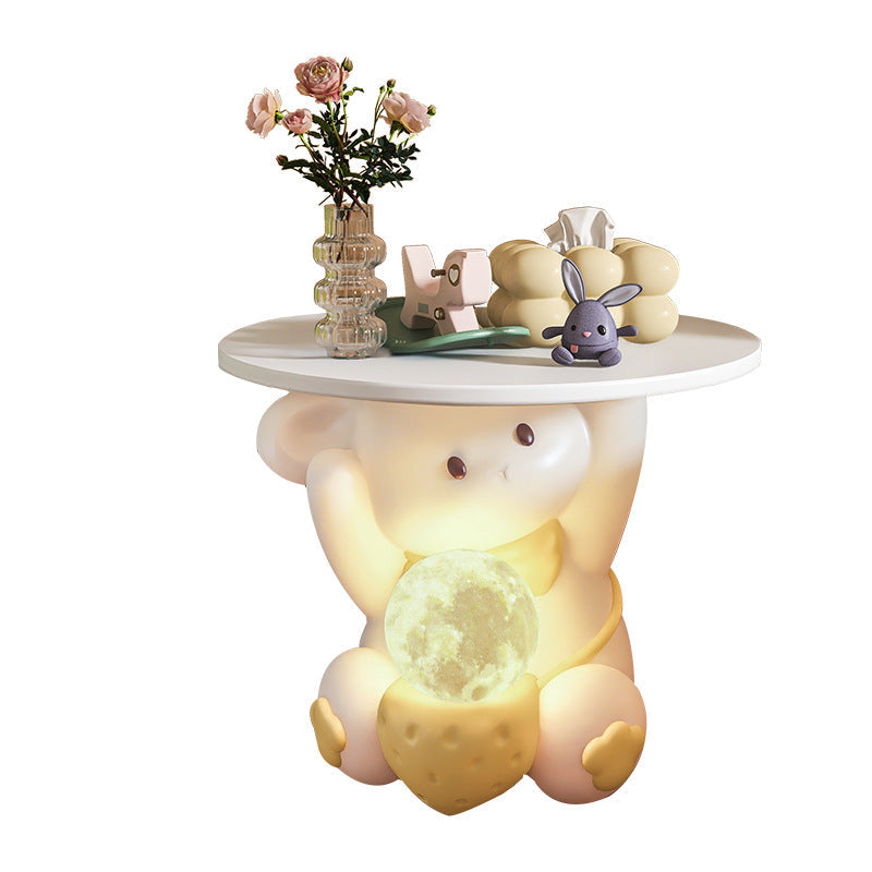 Modern Art Deco Kids Rabbit End Table with 1 Drawer and LED Light — Round Top, Resin-Wood Enamel Finish, Bedroom Nightstand