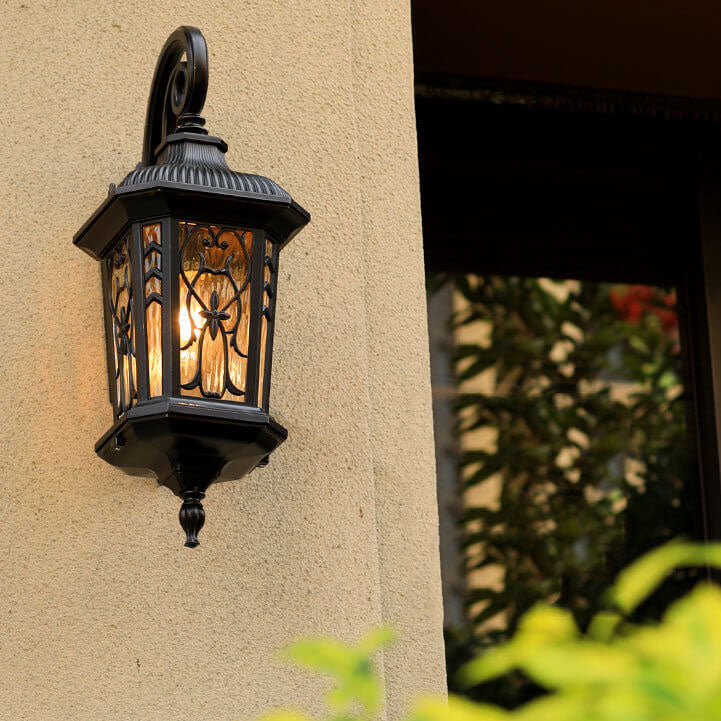 European Outdoor Wall Sconce Lamp – Carved Cage, Aluminum & Glass, 1-Light