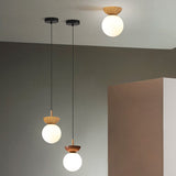 Nordic Japanese Glass Orb Ceiling Light — Wood Grain Iron Finish, 1-Light