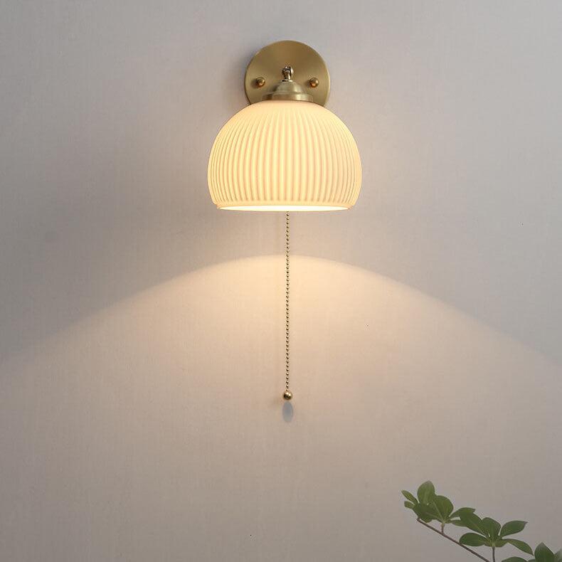 Nordic-Style Milk-White Striped Glass Wall Sconce with Brass Finish - 1-Light Pull-Cord Lamp