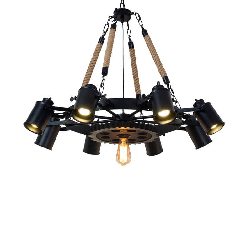 Industrial Retro Gear Wrought Iron Hemp Rope Chandelier - 6/8/10-Light