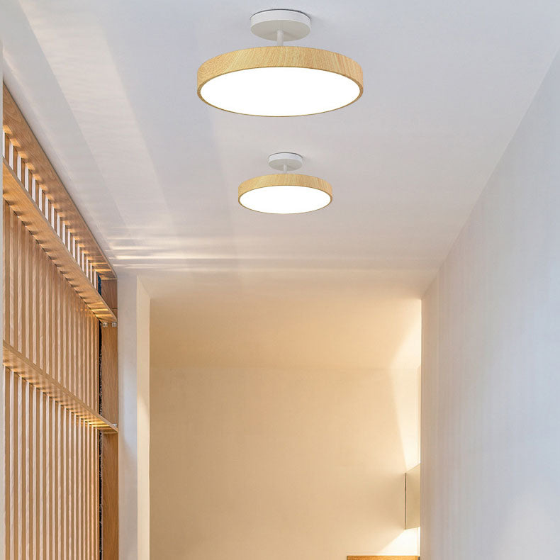 Elegant Japanese Wabi-Sabi Minimalist Wood-Grain Round LED Semi-Flush Mount Ceiling Light