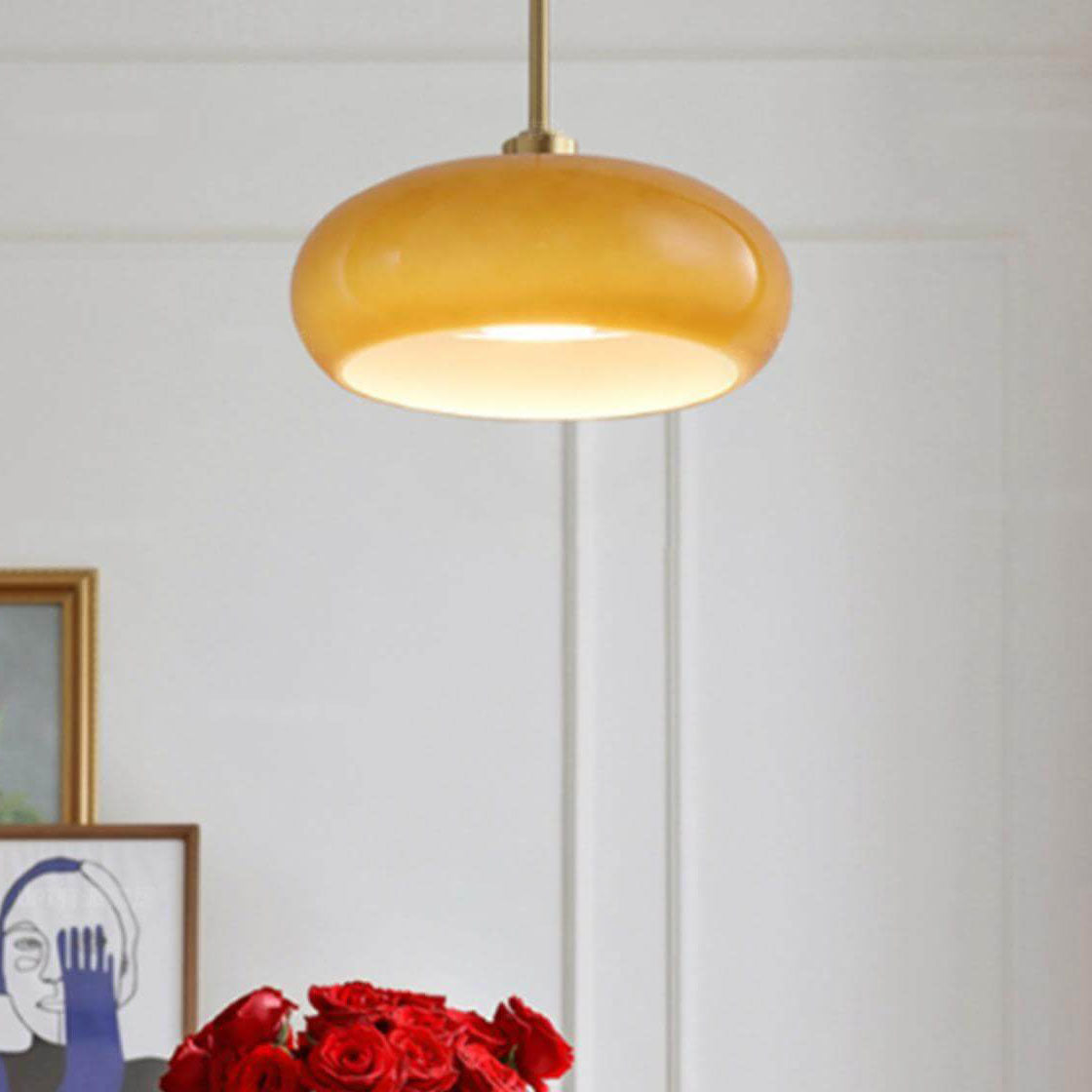 Modern Retro Round Solid-Color Glass Pendant Light with Electroplated Copper Finish — 1-Light, Pendant or Flush Mount