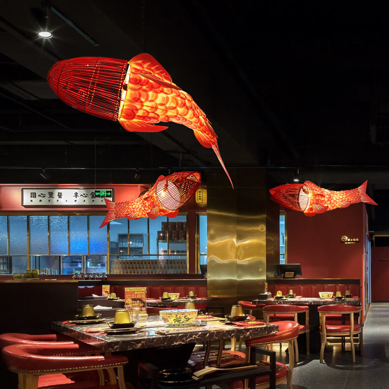 Traditional Chinese Koi Fish Iron Chandelier with PVC Fabric Shade – 2- or 4-Light Dining Room Pendant