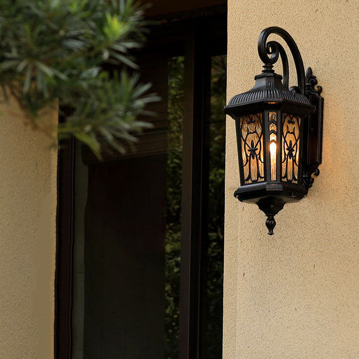 European Outdoor Wall Sconce Lamp – Carved Cage, Aluminum & Glass, 1-Light