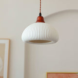 Elegant Japanese Vintage Pleated Ceramic Round Dome Wood 1-Light Pendant Lamp