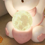 Modern Art Deco Kids Rabbit End Table with 1 Drawer and LED Light — Round Top, Resin-Wood Enamel Finish, Bedroom Nightstand