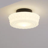 French Vintage White Jade Glass Striped Round Drum LED Semi-Flush Ceiling Light