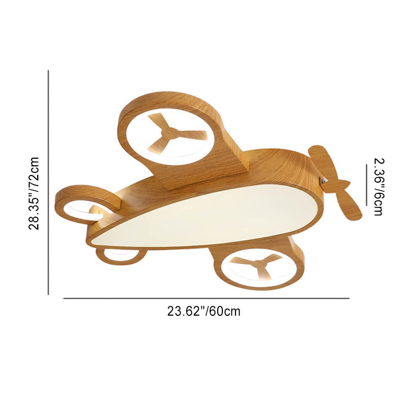 Whimsical Cartoon Aircraft LED Kids' Ceiling Light with Wood Grain Finish — Flush Mount