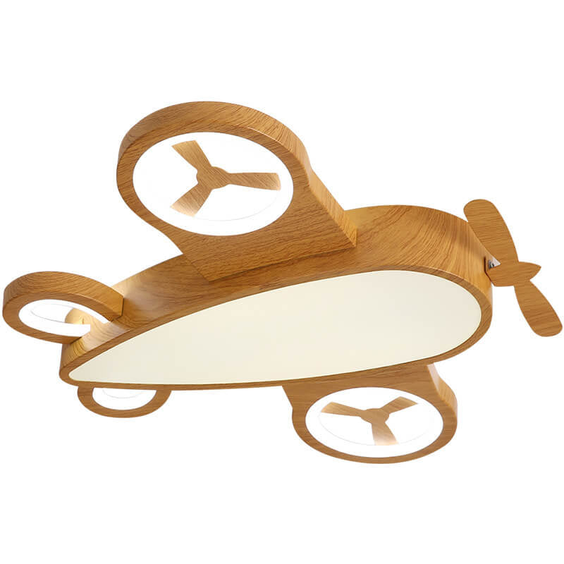 Whimsical Cartoon Aircraft LED Kids' Ceiling Light with Wood Grain Finish — Flush Mount