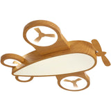 Whimsical Cartoon Aircraft LED Kids' Ceiling Light with Wood Grain Finish — Flush Mount