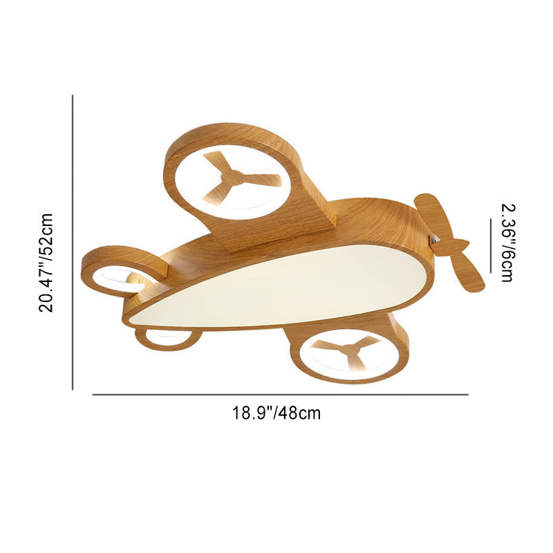Whimsical Cartoon Aircraft LED Kids' Ceiling Light with Wood Grain Finish — Flush Mount