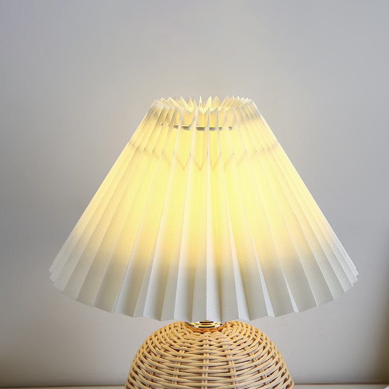 Chic Nordic Rattan Fabric Pleated Conic Ball LED Table Lamp for Bedroom - Modern Ambient Lighting