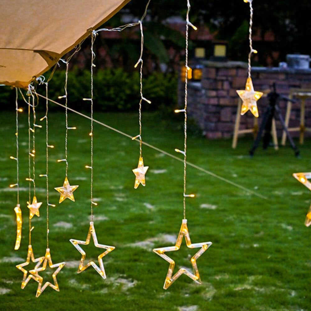 Solar-Powered LED Curtain Lights – Star & Moon Design, Outdoor Christmas String Lights for Patio, Garden and Camping
