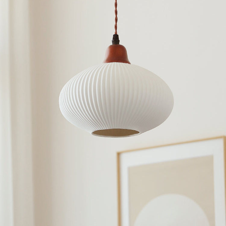 Elegant Japanese Vintage Pleated Ceramic Round Dome Wood 1-Light Pendant Lamp