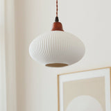 Elegant Japanese Vintage Pleated Ceramic Round Dome Wood 1-Light Pendant Lamp