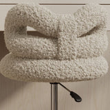 Modern Art Deco Butterfly Knot Vanity Stool – Round Lambswool and Faux Leather Seat, Metal Frame, Backrest, Armless, for Bedroom