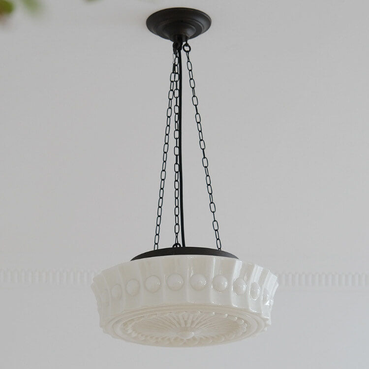 French Vintage White Jade Glass Striped Round Drum LED Semi-Flush Ceiling Light