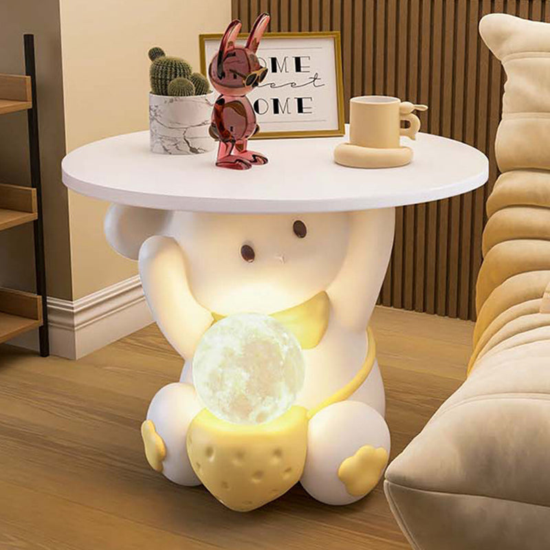 Modern Art Deco Kids Rabbit End Table with 1 Drawer and LED Light — Round Top, Resin-Wood Enamel Finish, Bedroom Nightstand