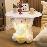 Modern Art Deco Kids Rabbit End Table with 1 Drawer and LED Light — Round Top, Resin-Wood Enamel Finish, Bedroom Nightstand