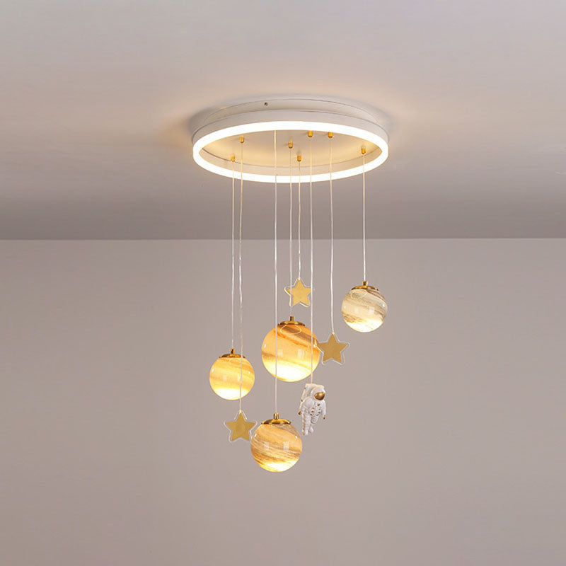 Modern Scandinavian Space Planet LED Kids Flush Mount Ceiling Light with Round Acrylic Glass Shade – Ideal for Bedroom