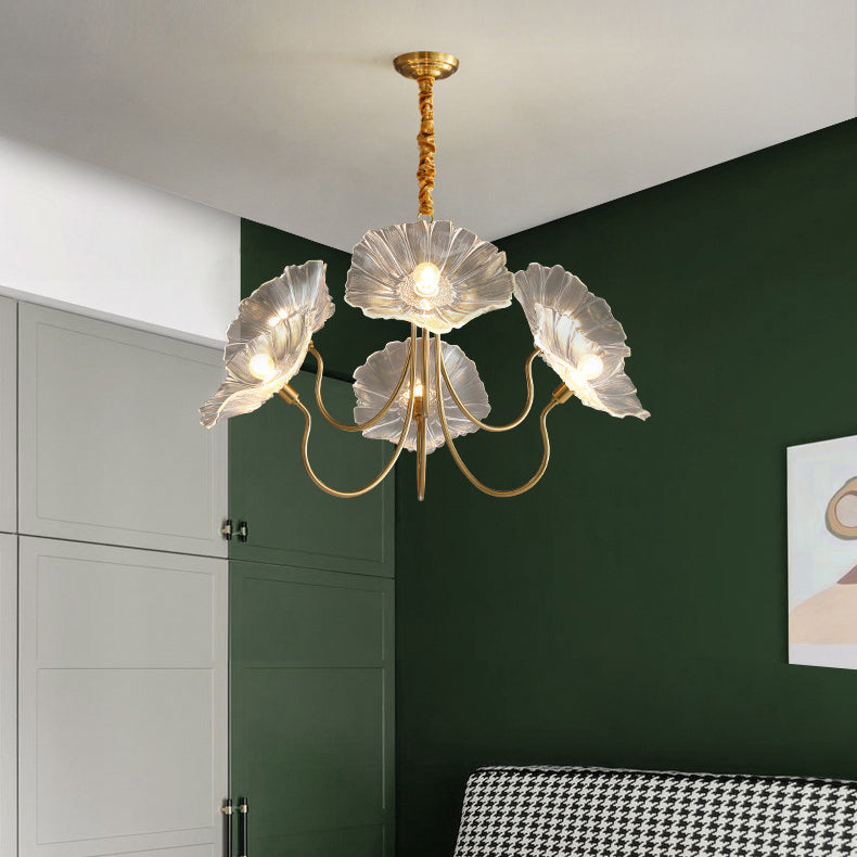 Elegant Modern Art Deco Gold-Finish Frame with Lotus Leaf Glass Shade, 3/6-Light Living Room Chandelier