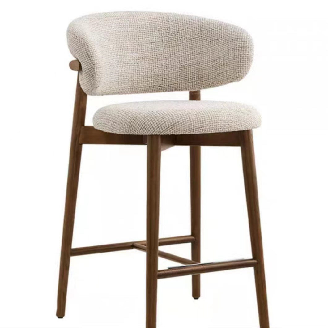 Modern Nordic Round Fabric Bar Stool with Wood Frame, Backrest and Footrest for Dining Room