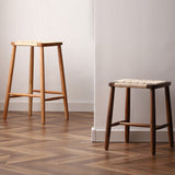 Elegant Traditional Japanese Rectangular Rope-Woven Wooden Bar Stool for the Dining Room