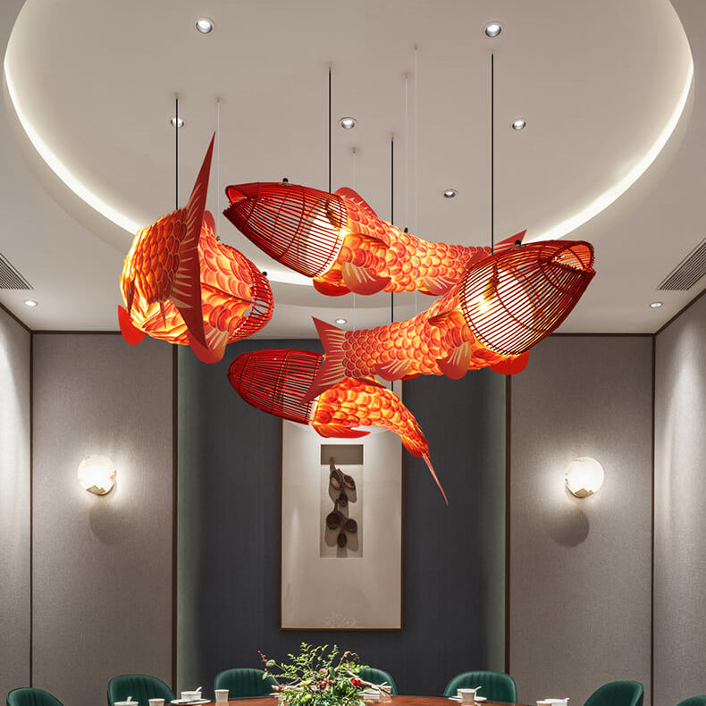 Traditional Chinese Koi Fish Iron Chandelier with PVC Fabric Shade – 2- or 4-Light Dining Room Pendant