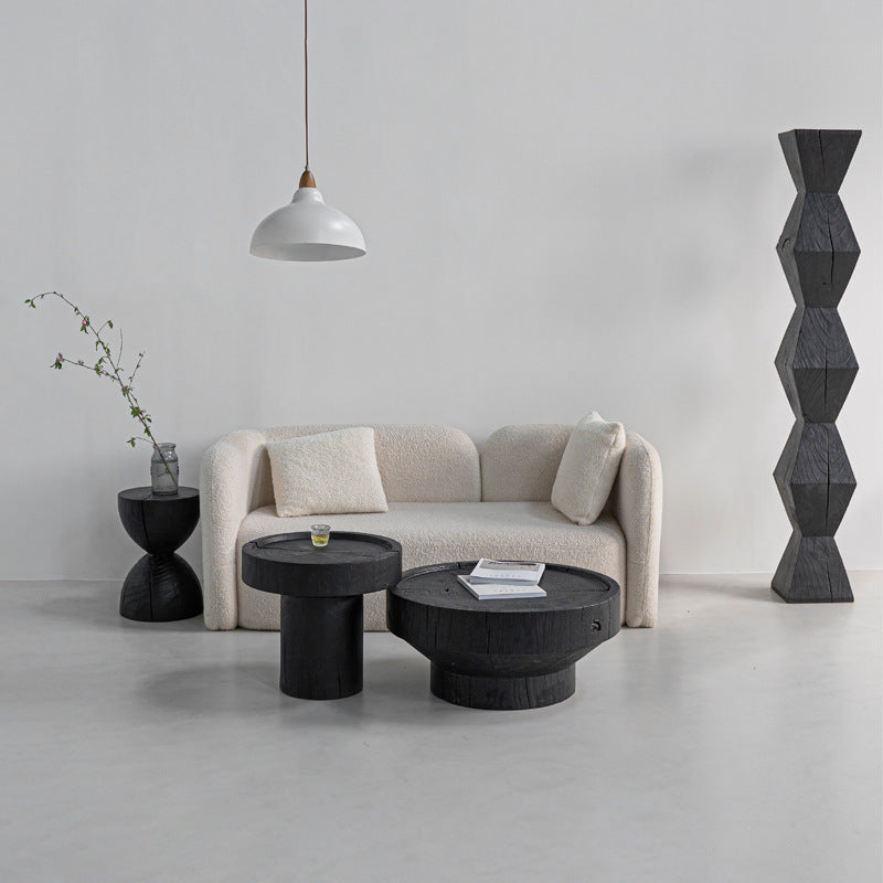 Traditional Japanese Wabi-Sabi Wood End Table with Geometric Design - Living Room Accent