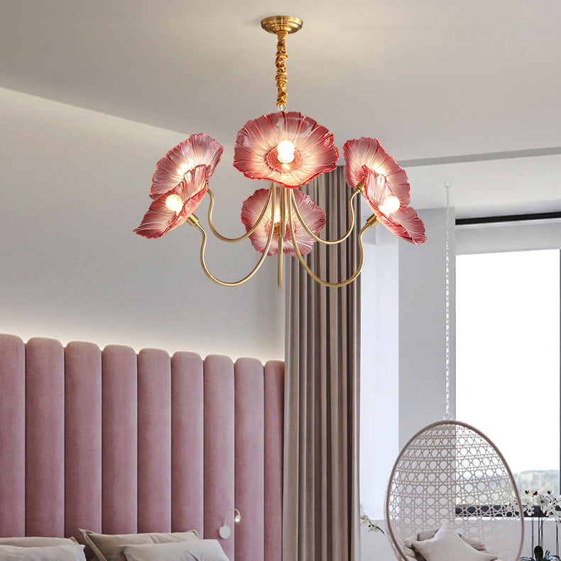 Elegant Modern Art Deco Gold-Finish Frame with Lotus Leaf Glass Shade, 3/6-Light Living Room Chandelier