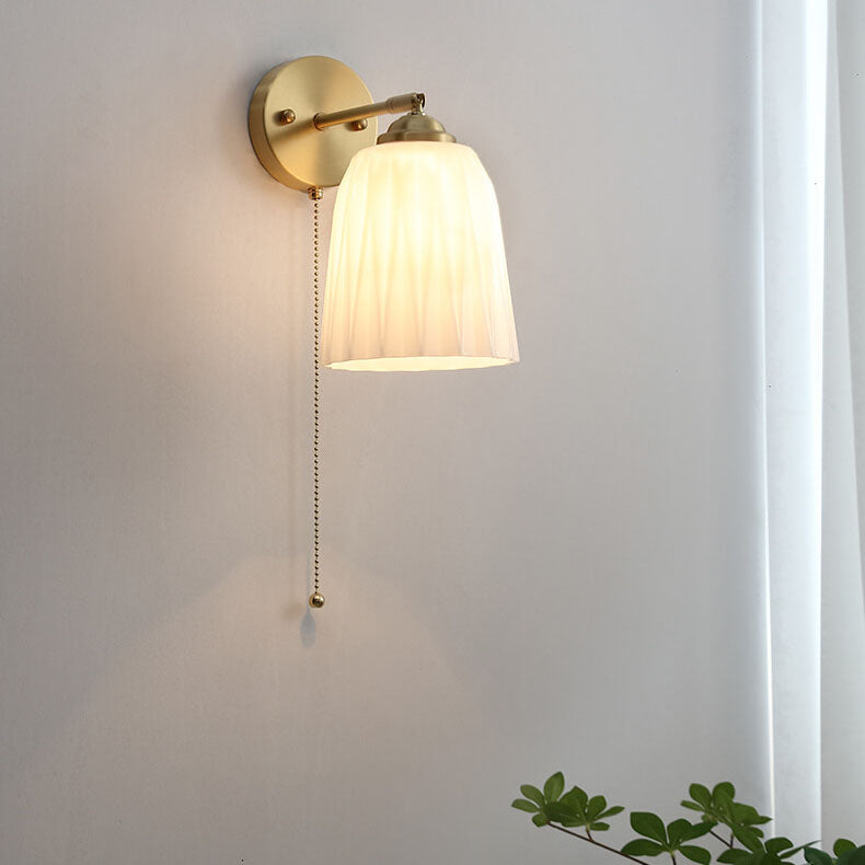 Nordic-Style Milk-White Striped Glass Wall Sconce with Brass Finish - 1-Light Pull-Cord Lamp
