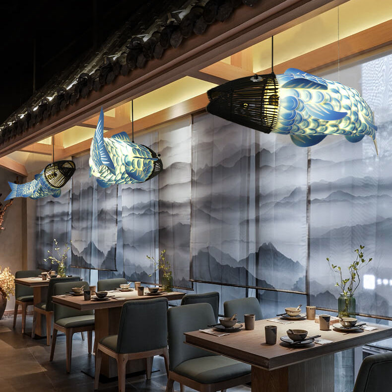 Traditional Chinese Koi Fish Iron Chandelier with PVC Fabric Shade – 2- or 4-Light Dining Room Pendant