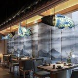 Traditional Chinese Koi Fish Iron Chandelier with PVC Fabric Shade – 2- or 4-Light Dining Room Pendant