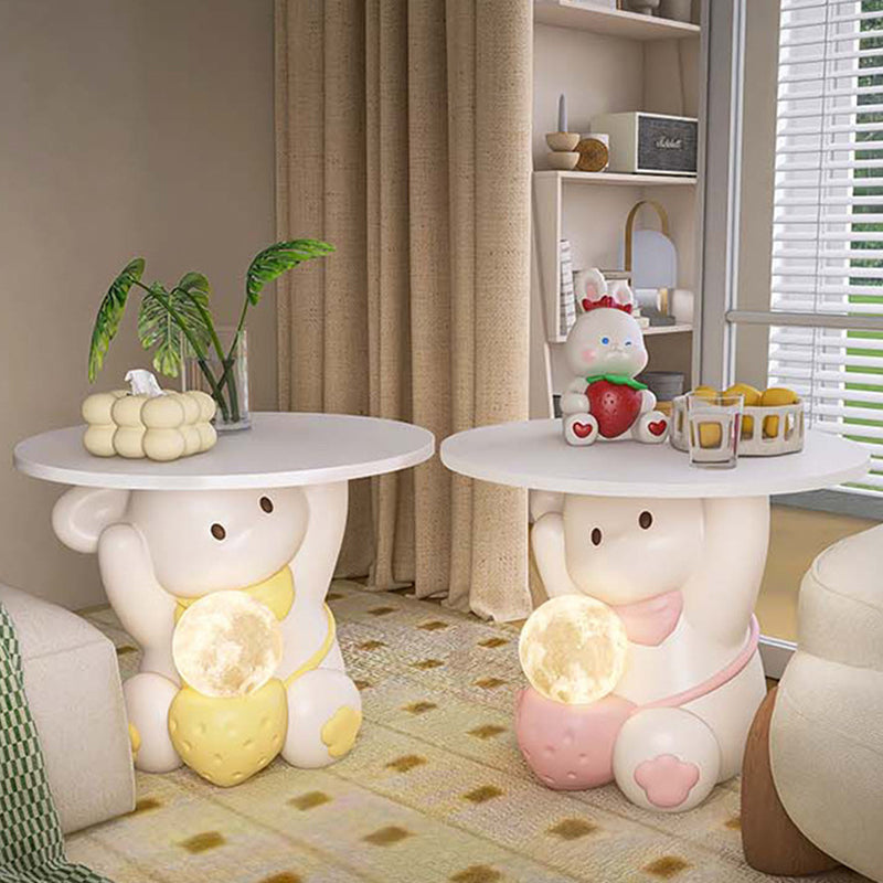 Modern Art Deco Kids Rabbit End Table with 1 Drawer and LED Light — Round Top, Resin-Wood Enamel Finish, Bedroom Nightstand