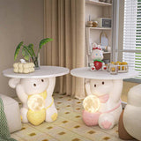 Modern Art Deco Kids Rabbit End Table with 1 Drawer and LED Light — Round Top, Resin-Wood Enamel Finish, Bedroom Nightstand