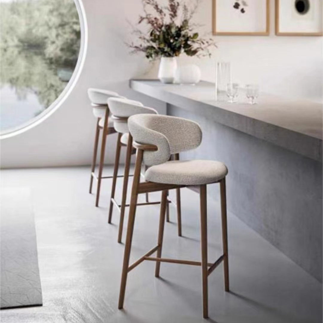 Modern Nordic Round Fabric Bar Stool with Wood Frame, Backrest and Footrest for Dining Room