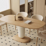 Traditional Japanese Elliptical Ash Wood Dining Table & Faux Leather Chair Set - Oak Finish, Seats 4-6